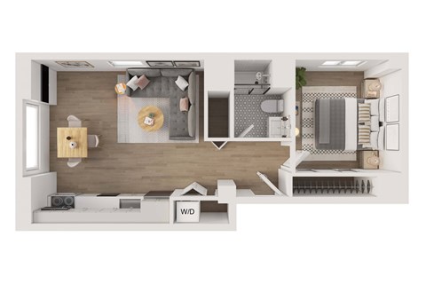 Floor plan for 1 bed, 1 bath, 595 sqft
